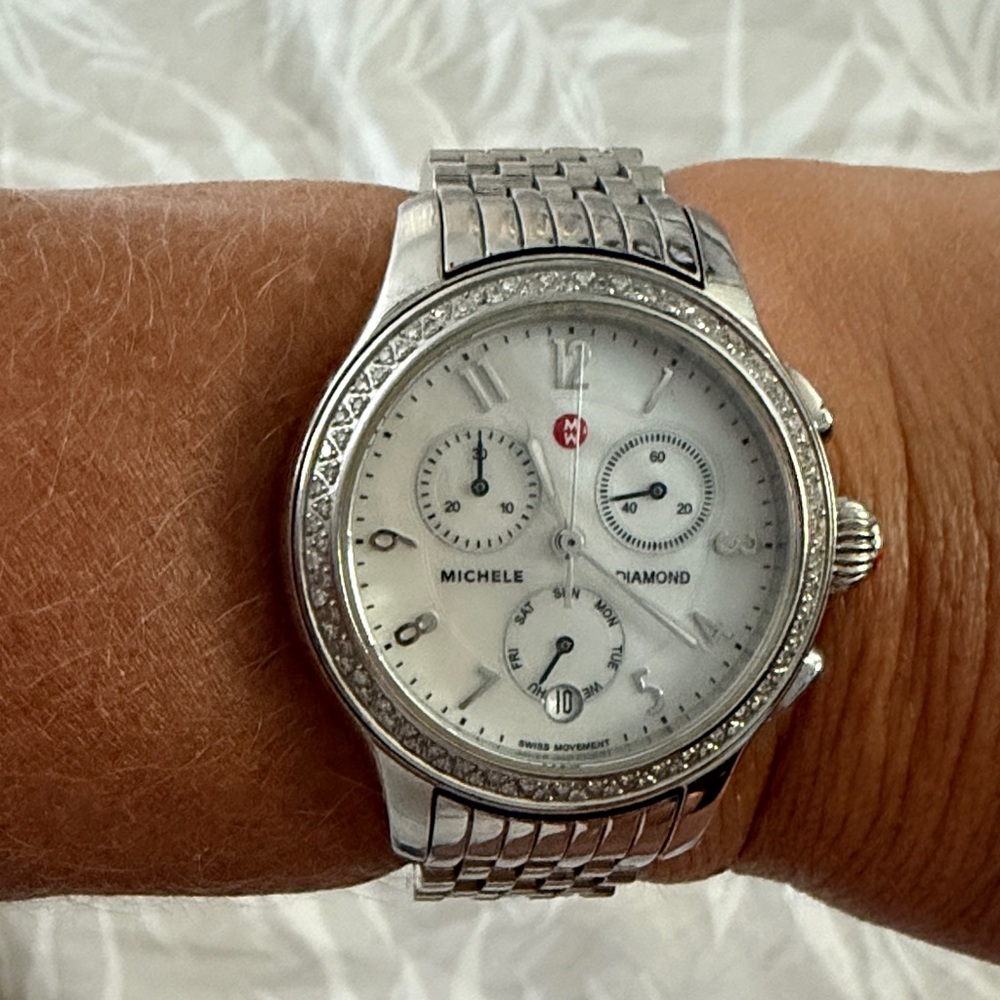 Michele Silver Chronograph Watch with Diamond Accents